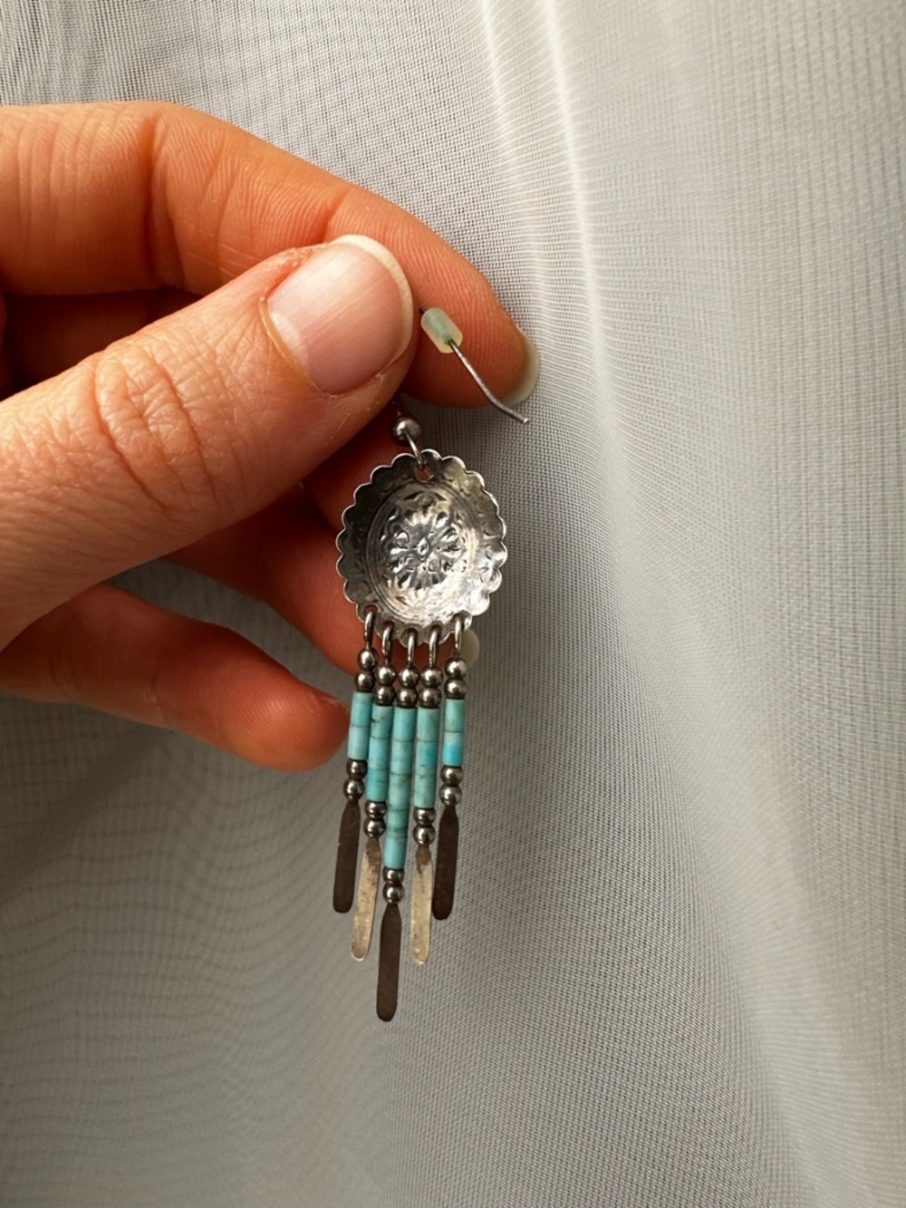 Turquoise Dangle Earrings - Artisan Sterling- Silver Beaded Fringe - Picture 5 of 5